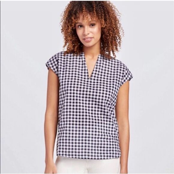 DRAPER JAMES | navy white gingham v neck pullover blouse 2 - Picture 1 of 8